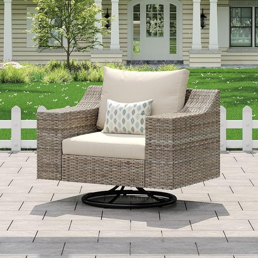 LUXOAK Outdoor Glider Rocking Chair, Wicker 360° Swivel Patio Chairs with 6" Wide Armrests, All-Weather PE Rattan Single Sofa Seat with Thick Cushions, for Porch/Deck/Garden/Backyard