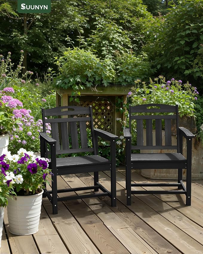 Patio Chairs, HDPE Outdoor Dining Chairs with Wide Seat, All Weather Oversized Porch Chair for Garden, Backyard, Deck - Black