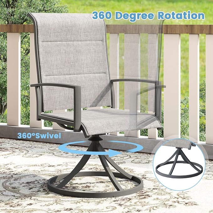 DIFY 5 Pieces Outdoor Patio Dining Set, 4 Grey Padded Textilene Swivel Dining Chairs and 40.6" Grey Round Dining Table, Metal Outdoor Table and Chairs for Poolside Backyard Deck