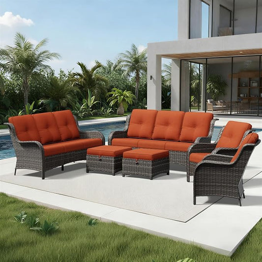 Joyside 6 Piece Wicker Patio Furniture Set, Rattan Patio Chairs with High Back, Deep Seating, Wide Armrest, Thickened Cushions, Outdoor Furniture for Deck, Porch Use