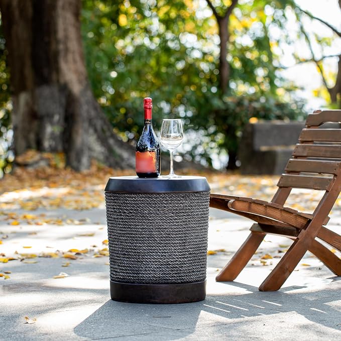 IRONORA Dark Rope-Wrapped Cylindrical Outdoor Side Table, Round Accent Table with Metal Top, Rustic Patio End Table for Backyard Garden Balcony