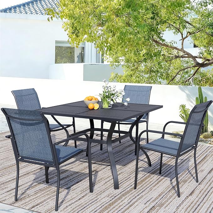 5 Piece Patio Dining Set for 4, 37.5” Black Square Table with Umbrella Hole and 4 Blue Patio Stackable Chairs, Patio Table and Chairs for Backyard, Lawn, Deck & Garden