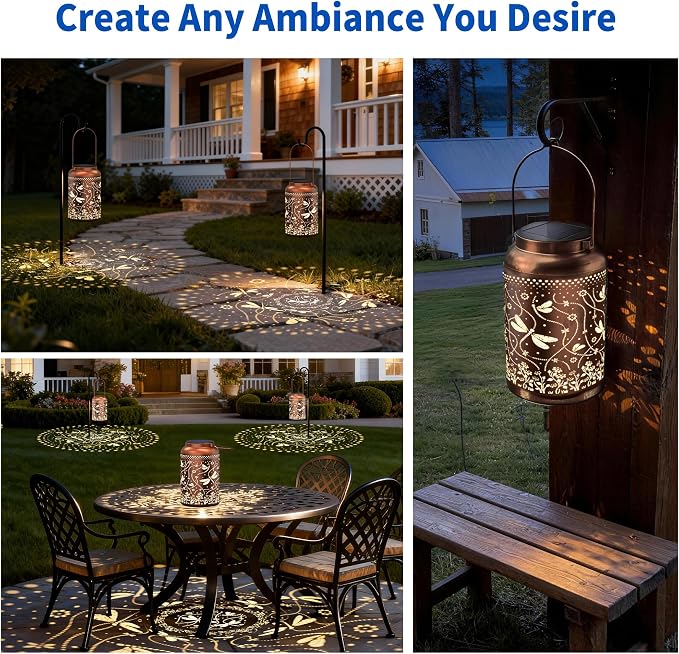 JEJOT Dragonfly Solar Lanterns Outdoor Waterproof,Birthday Gift for Women | Gifts for Mom Grandma, Metal Hanging Solar Light for Yard Garden Porch Landscape Deconration-2Pack