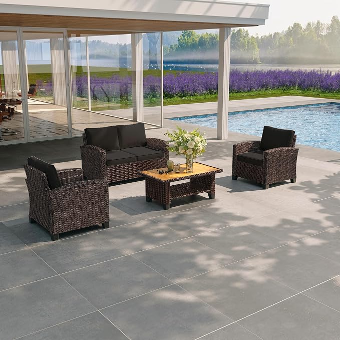 Rattaner Outdoor Wicker Coffee Table, Square Side Table with Wood-Like Tabletop, Brown
