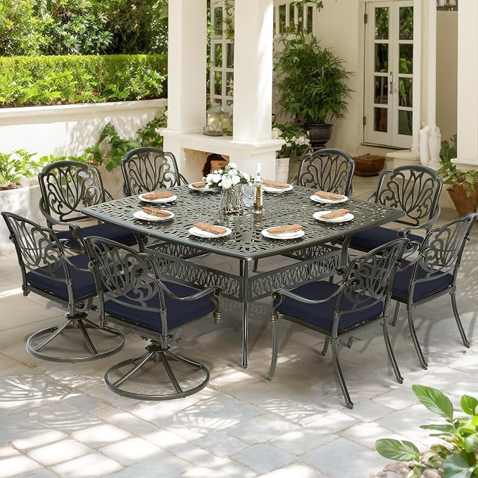 9-Piece Patio Cast Aluminum Dining Set, Outdoor Dining Furniture Set for 8 Person, Includes 64" Square Table, 4 Stationary and 4 Swivel Dining Chairs with Umbrella Hole, Navy Blue