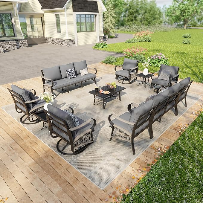 11 Pieces Patio Furniture Set, Metal Outdoor Conversation Sets with Swivel Chairs, Modern Couch Sofa Seating Group with Coffee Table and Side Table (Thick Gray Cushions)