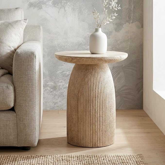 24/7 Shop at Home Ranera Modern 17-inch Natural Stone Side Table with Round Pedestal Base, Marble Nightstand, Fluted Patio End Table, for Living Room, Covered Outdoor Spaces, Light Brown Travertine