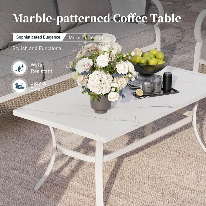 SUNSHINE VALLEY 4 Piece Metal Outdoor Patio Furniture Set, Patio Conversation Sets 1 3-Seater Sofa, 2 Single Sofa with 5.75" Extra Thick Cushion and Coffee Table, White Frame Backyard Furniture, Gray