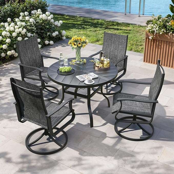 5 Pieces Patio Dining Set, Patio Outdoor Furniture Set of 4 Patio Swivel Dining Chairs and 39" Patio Spliced Round Tabletop with Umbrella Hole, for Deck, Backyard, Poolside & Garden