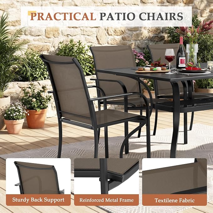 Crownland 7 Piece Patio Dining Set, Textilene Dining Sets, 6 Textilene Metal Chairs and Rectangular Outdoor Dining Table with Sky Blue 9FT Round Outdoor Umbrella (Brown)