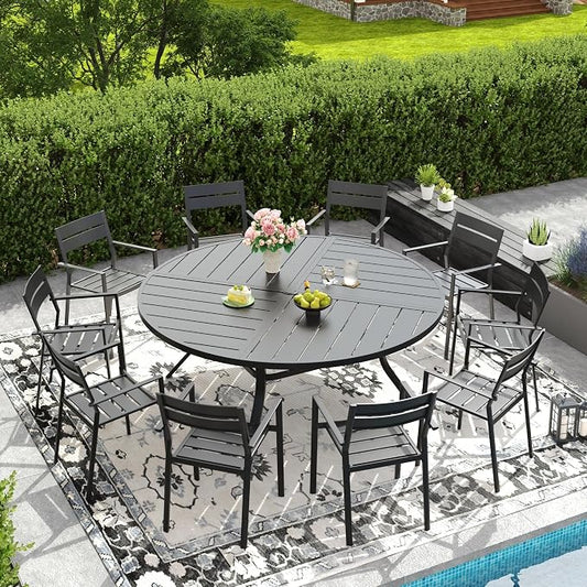 DIFY 11 Piece Outdoor Patio Dining Set for 10, 63" Round Dining Table with Umbrella Hole and Stackable Metal Chairs, Patio Table and Chairs Set for Backyard Garden Poolside, Black