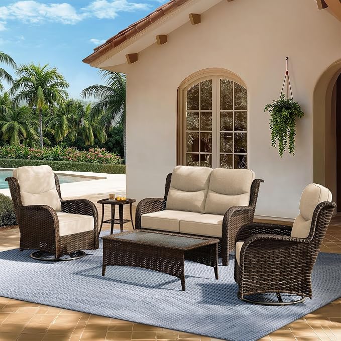 HILLGA Luxury Outdoor Patio Furniture Set with 6-Inch Thick Cushions, High Back Wicker Swivel Rocker Chairs, 5 Pcs All Weather Conversation Set for Large Deck, Yard and Poolside, Beige (V3)