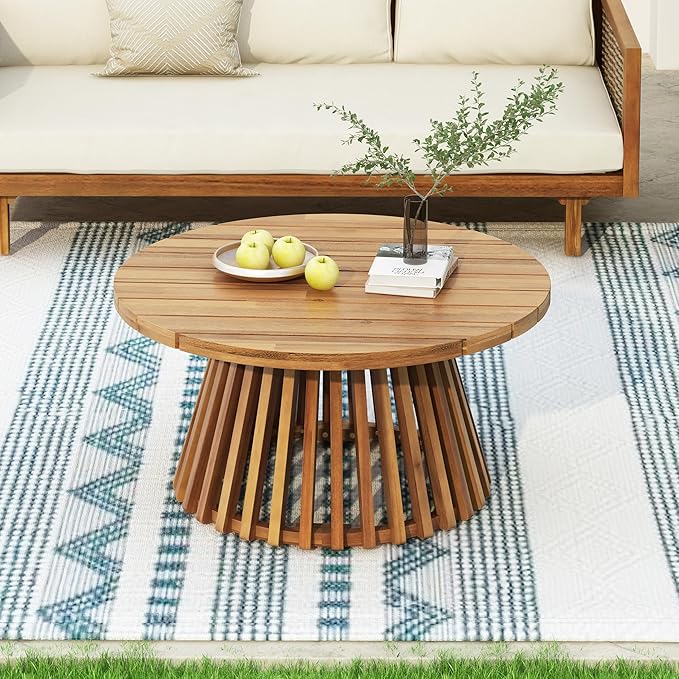 Christopher Knight Home Hakee Acacia Wood Patio Coffee Table, Round Table with Unique Wooden Base for Backyard, Balcony, Stylish Indoor/Outdoor Table, Easy Assembly, 31.5" x 31.5" x 16", Teak