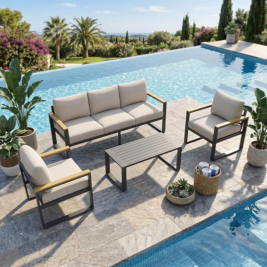 1 Pcs 3-Seat Aluminum Sofa and Coffee Table, Aluminum Patio Patio Conversation Set with Washable Thick Cushion for Balcony, Garden, Deck, Backyard,Beige