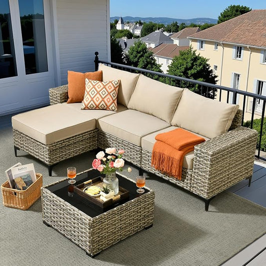 Outdoor Sectional Patio Furniture Set,5 Pieces Wicker Conversation Sets L Shaped Couch,Extra Deep Out Door Sofa Outside Furniture,Beige