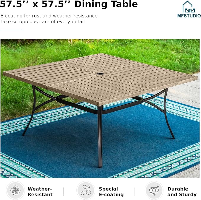 MFSTUDIO 9 Pieces Patio Dining Table Set, 8 Person Outdoor Square Table Set with Chairs, Large Dining Furniture Set, Patio 57.5" Square Metal Dining Table for 8, Backyard, Porch