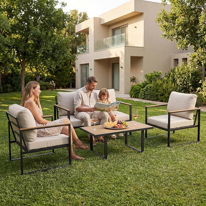 IDEALHOUSE 4-Piece Outdoor Patio Furniture Set, Patio Furniture Set, Metal Conversation Set with Coffee Table and Washable High-Resiliency Cushions, Beige