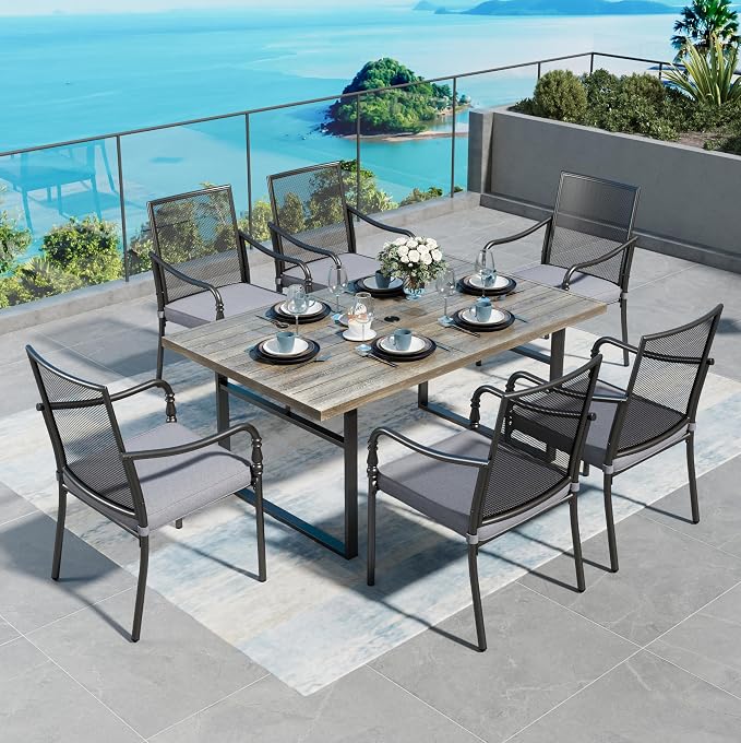 SUNSHINE VALLEY Patio Table and Chairs Set of 6, All-Weather Breathable Metal Mesh Patio Chair with Gourd-Shaped Armrests, 64x38 Wood-Like Table with Umbrella Hole, 7 Pcs Metal Frame Patio Dining Set