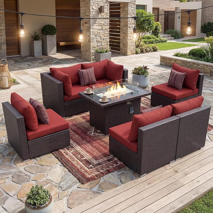 NICESOUL 7 Piece Modular Outdoor Furniture Set with Firepit Natural Gas&Propane, 29.3'' High Back L-Shaped 6-Seater Patio Wicker Sectional Sofa Couch Sets for Tall People, Brown Rattan and Red Cushion