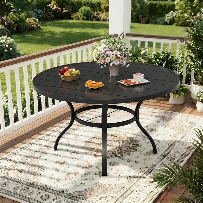 Incbruce Patio Dining Table, 53" Round Table Metal Steel Slat Table with 1.57" Umbrella Hole, for Backyards, Porches, Gardens, or Poolside