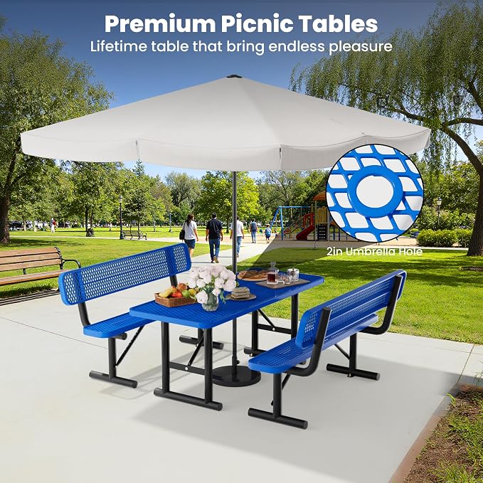 6FT Outdoor Metal Picnic Table with 2 Benches,Heavy Duty Rectangular Picnic Table Set for Outside, Waterproof Commercial Restaurant Table Furniture for Park, Campfield, Patio, Garden, Yard