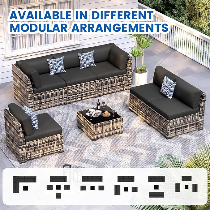 8 Pieces Outdoor Patio Furniture Set with 44" Fire Pit Table Yellow Rattan Sectional Conversation Sets w/Gas Fire Pit, Coffee Table, 1 Waterproof Covers, Black