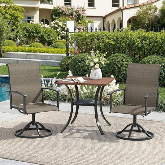 3 Pieces Outdoor Patio Dining Bar Set, 27.6" All Weather Square Metal Slatted Table with Storage Shelf and 2 High Back Textilene Swivel Chairs for Garden, Lawn, Walnut Table&Brown Chairs