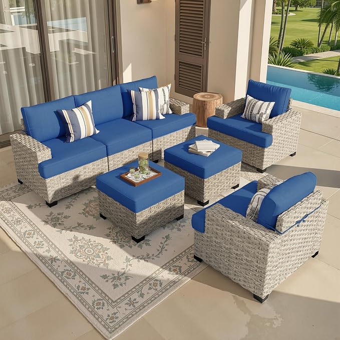 Weaxty 7 Pieces Outdoor Furniture Set, Patio Sectional Sofa Wide Seats Couch Chair with Ottoman, Thick Cushion All-Weather Rattan Patio Conversation Sets for Backyard Porch Balcony, Navy Blue