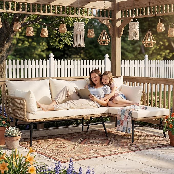 BULEXYARD 3 Pcs Boho Outdoor Patio Furniture Sets, L Shaped Natural Color Wicker Conversation Sectional Sofa w/Cozy Beige Cushion for Backyard, Porch, Deck, Garden, Balcony