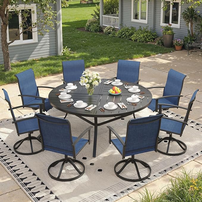 9 Pieces Round Outdoor Table and Chairs Set, Patio Dining Set with 60" Round Spliced Outdoor Table and Patio Swivel Chairs for Backyard Lawn Garden, Black Table and Dark Blue Chairs