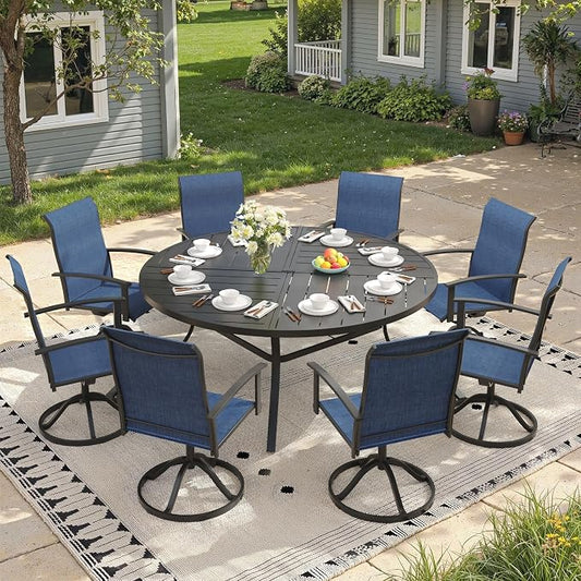 9 Pieces Round Outdoor Table and Chairs Set, Patio Dining Set with 60" Round Spliced Outdoor Table and Patio Swivel Chairs for Backyard Lawn Garden, Black Table and Dark Blue Chairs