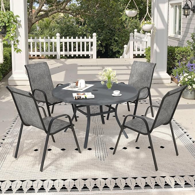 5 Pieces Outdoor Dining Set, 40.6" Round Table with Umbrella Hole & Stackable Patio Dining Chairs, Patio Table and Chairs Set for Deck Garden Porch, Grey Chairs & Dark Grey Table