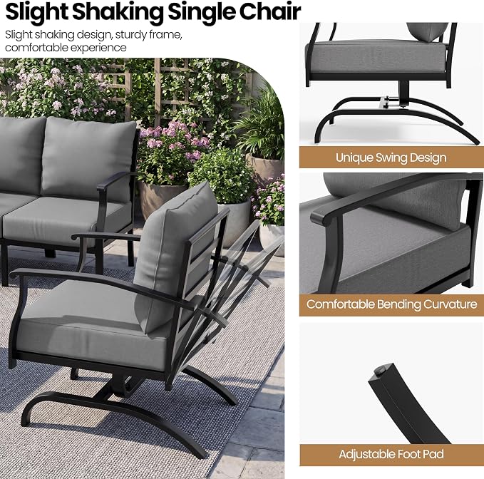 4 Piece Patio Furniture Set, Metal Outdoor Patio Furniture Set, All Weather Modern Couch Sofa with Comfortable Cushions & Coffee Table, Metal Conversation Set for Balcony, Porch, Deck (Gray)