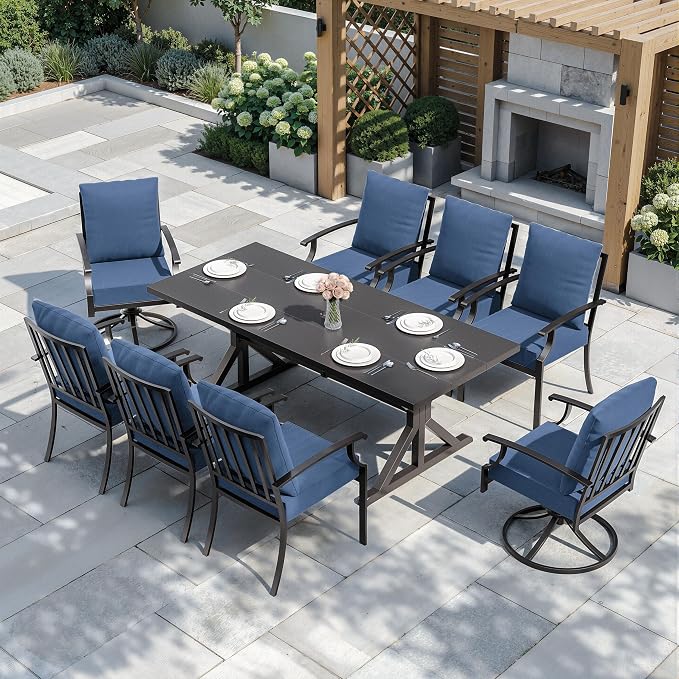 ALAULM 9-Piece Patio Dining Set,Outdoor Metal Dining Set with 2 Swivel Chairs & Rectangle Table with 1.5 Umbrella Hole, Patio Dining Table and Chairs for Backyard,Navy