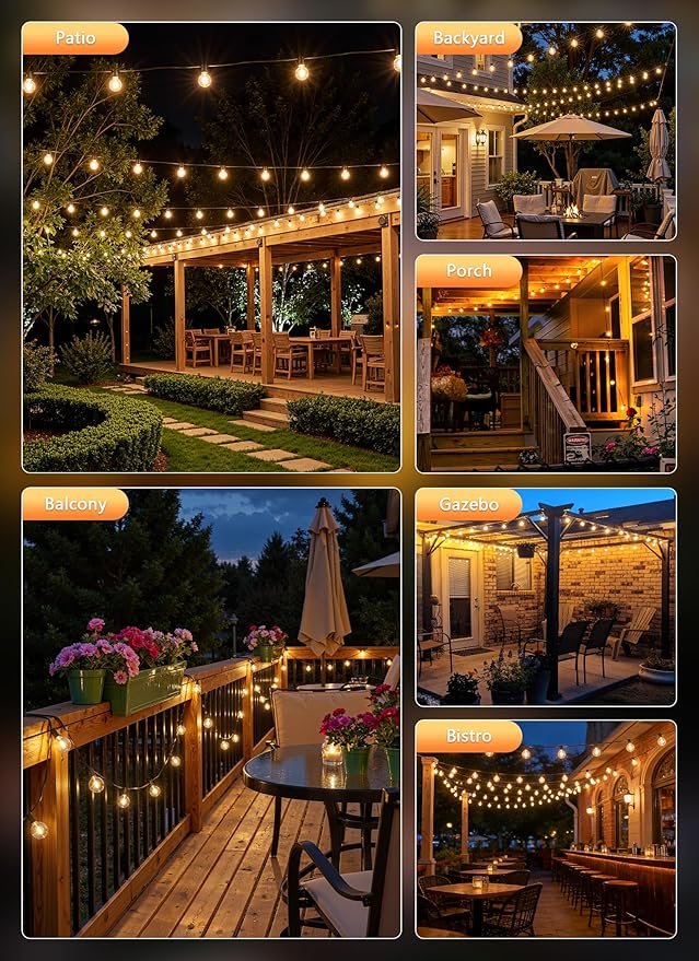 Brightown Outdoor String Lights, 100FT Shatterproof LED Patio Lights with 46 Dimmable Plastic G40 Bulbs, 2700K Waterproof Connectable Hanging String for Backyard, Cafe, Porch, Deck, Home Decor