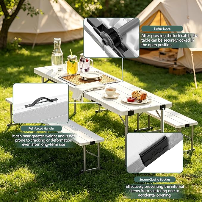 6FT All-in-One Folding Table and Chair Set, Seats 6-8, Chairs Store Inside to Form Carrying Case, Heavy Duty HDPE & Steel, Portable Space-Saving for Outdoor, Party, Camping, Picnic, White