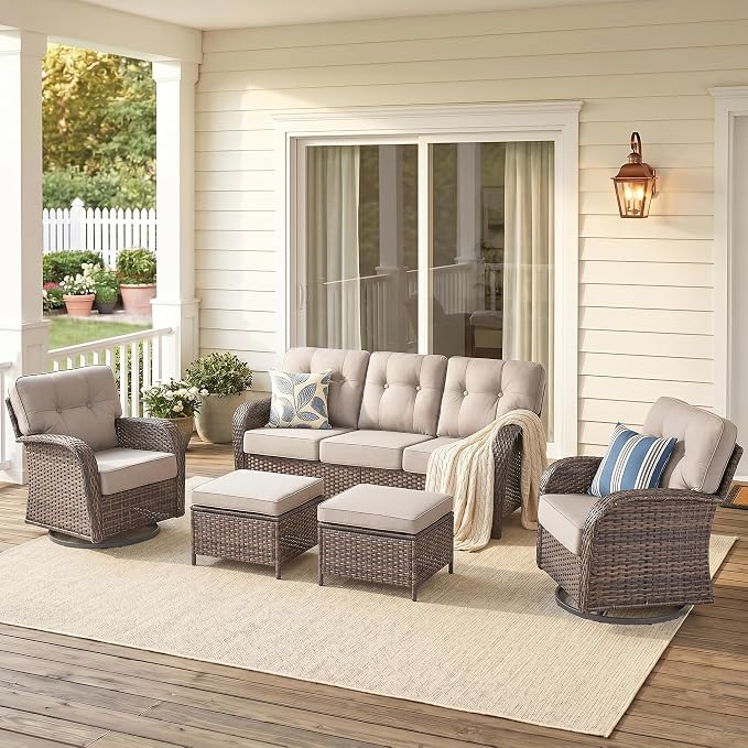 5 PCS Patio Furniture Set Outdoor Sectional Sofa Couch with Rocking Swivel Chairs 5" Deep Seat Chairs, Modern Wicker Rattan Conversation Set, Beige/Brown Wicker