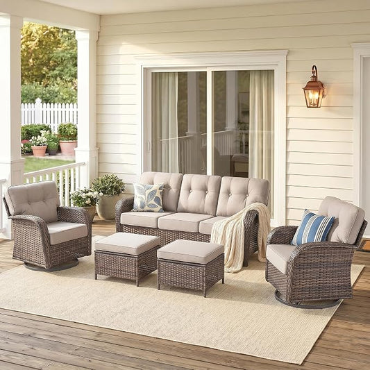 5 PCS Patio Furniture Set Outdoor Sectional Sofa Couch with Rocking Swivel Chairs 5" Deep Seat Chairs, Modern Wicker Rattan Conversation Set, Beige/Brown Wicker