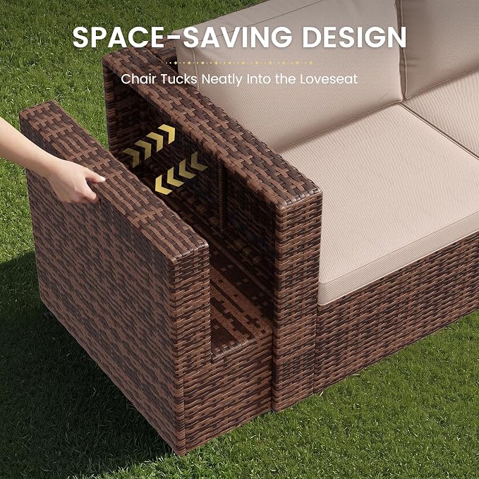Amopatio Patio Furniture Set with Fire Pit Table, All-Weather Wicker Outdoor Conversation Sofa Set with Glass Coffee Table, Cushions & Ottomans for Deck Backyard Porch Lawn Brown/Khaki