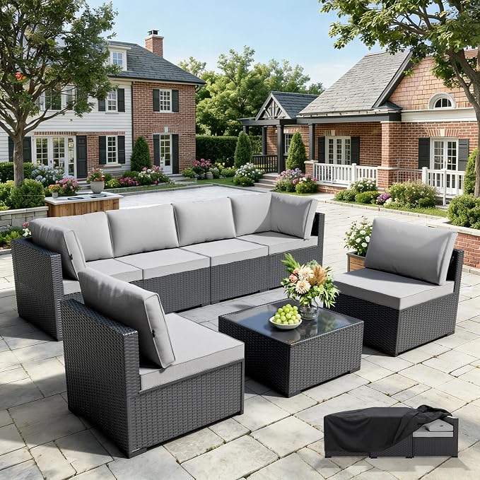 WWR Patio Furniture Set 7 Piece - All-Weather - Wicker Rattan Patio Outdoor Conversation Set, Modular Sectional Sofa for Backyard, Garden, Poolside, Balcony, Porch, Patio, Black/Light Gray