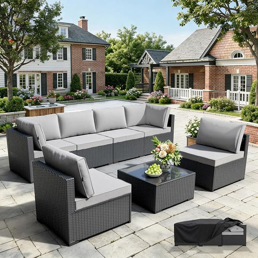 WWR Patio Furniture Set 7 Piece - All-Weather - Wicker Rattan Patio Outdoor Conversation Set, Modular Sectional Sofa for Backyard, Garden, Poolside, Balcony, Porch, Patio, Black/Light Gray