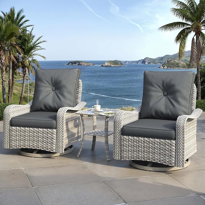 3 Piece Outdoor Wicker Patio Furniture Set,High Back Swivel Rocker Patio Chairs with 4" Thickened Cushions & Side Table, All-Weather PE Rattan for Garden, Backyard, Porch, Charcoal Gray