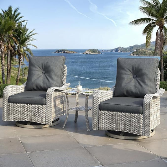 3 Piece Outdoor Wicker Patio Furniture Set,High Back Swivel Rocker Patio Chairs with 4" Thickened Cushions & Side Table, All-Weather PE Rattan for Garden, Backyard, Porch, Charcoal Gray