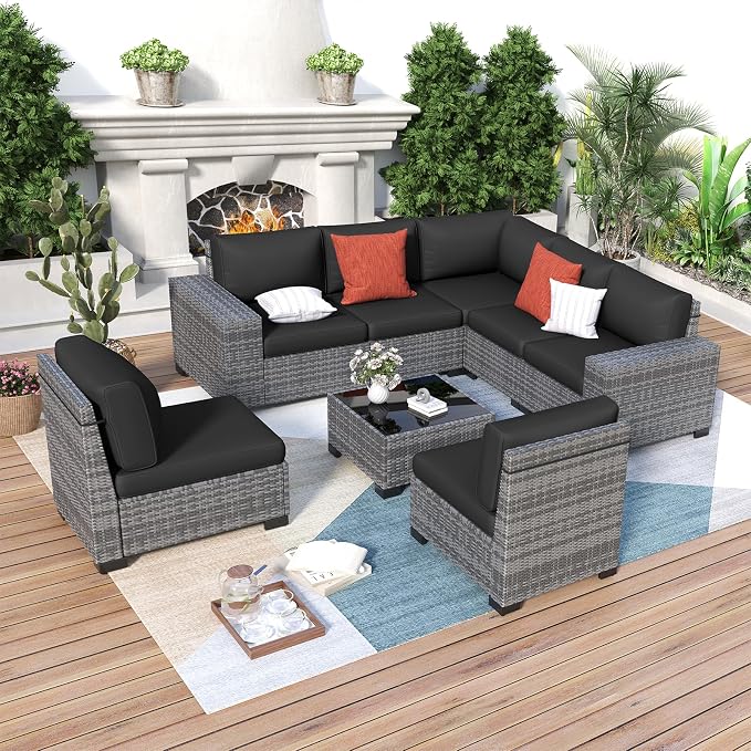 Outdoor Patio Furniture Set, 8‘’ Wide armrest Outdoor Sectional Rattan Sofa Set, Wicker Patio Furniture Sets w/Coffee Table,Thick Cushions and Cover for Porch, Balcony,Deck,8 PCS (Grey&Black)