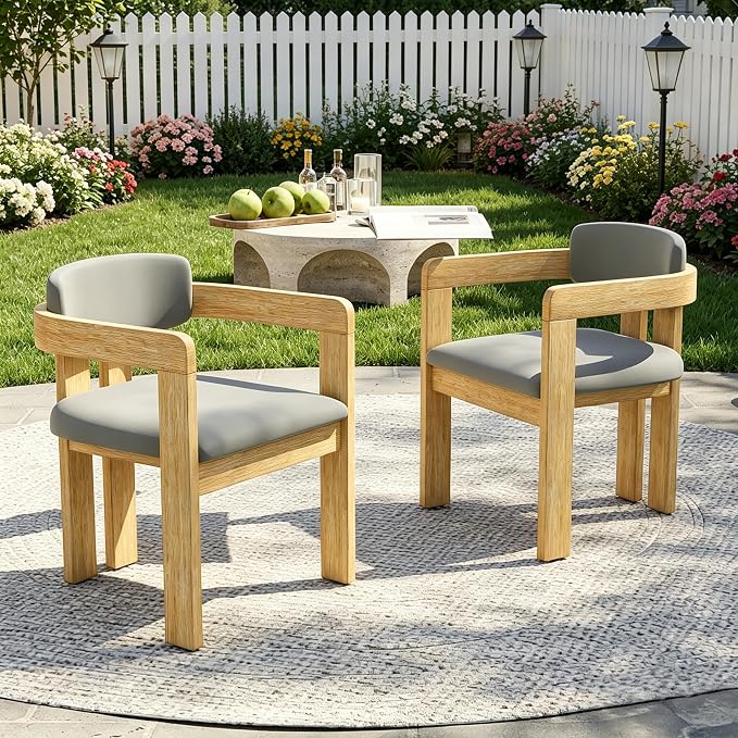 Merax Outdoor Acacia Wood Dining Chairs Set of 2, Modern Solid Wood Patio Chairs with Grey Cushions & Backrest, Outdoor Armchairs Seating Furntiure for Patio Garden Balcony Backyard
