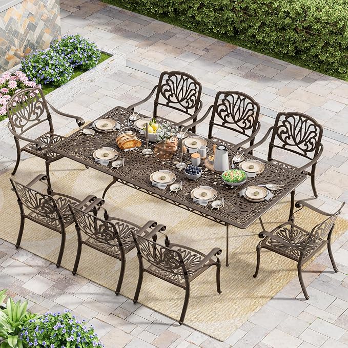 Grepatio 9 Piece Cast Aluminum Outdoor Dining Set, Patio Furniture Set with 2“ Umbrella Hole and 8 Chairs, Patio Dining Furniture Set for Porch Poolside Garden (Without Cushions)