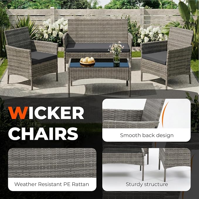4 Pieces Outdoor Patio Furniture Set, Wicker Patio Conversation Set with Tea Table, All-Weather Outside Rattan Sectional Sofa for Backyard, Poolside, Garden, Balcony, Gray/Dark Gray