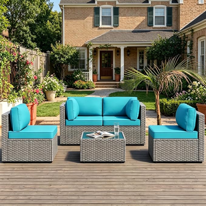 MOCHITO 5 Pcs Outdoor Patio Furniture Sets Grey Rattan Turk Blue Cushions | All-Weather Sectional Sofa, with Glass Table, PE Rattan Wicker Patio Furniture , Washable Cushions, for Balcony Porch Garden