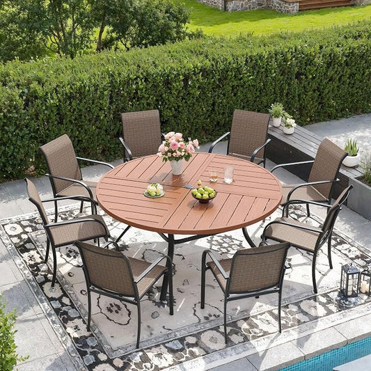 DIFY 9 Pieces Outdoor Patio Dining Set for 8, 53.1" Walnut Round Metal Dining Table and 8 Brown Stackable Sling Dining Chairs, Outdoor Table and Chairs for Lawn Garden Backyard Deck