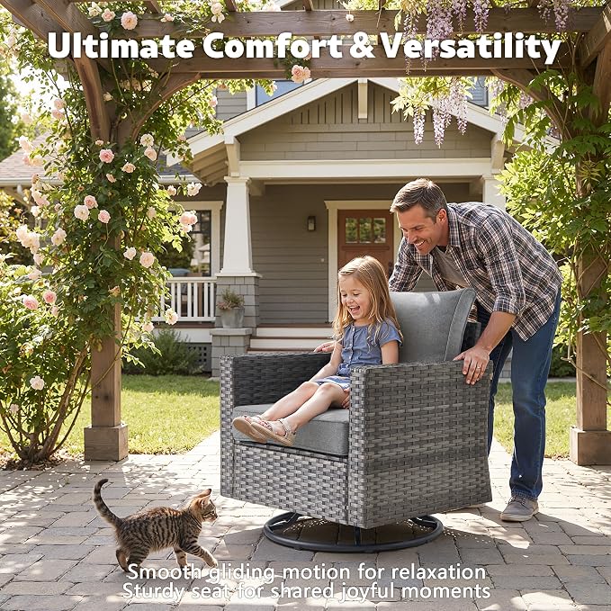 CAODOC 7-Piece Outdoor Wicker Patio Set with 7 Seats, Including 43" Fire Pit - Swivel Rocker Chairs and Conversation Set for Backyard or Lawn, Gray Rattan with Waterproof Dark Gray Cushions